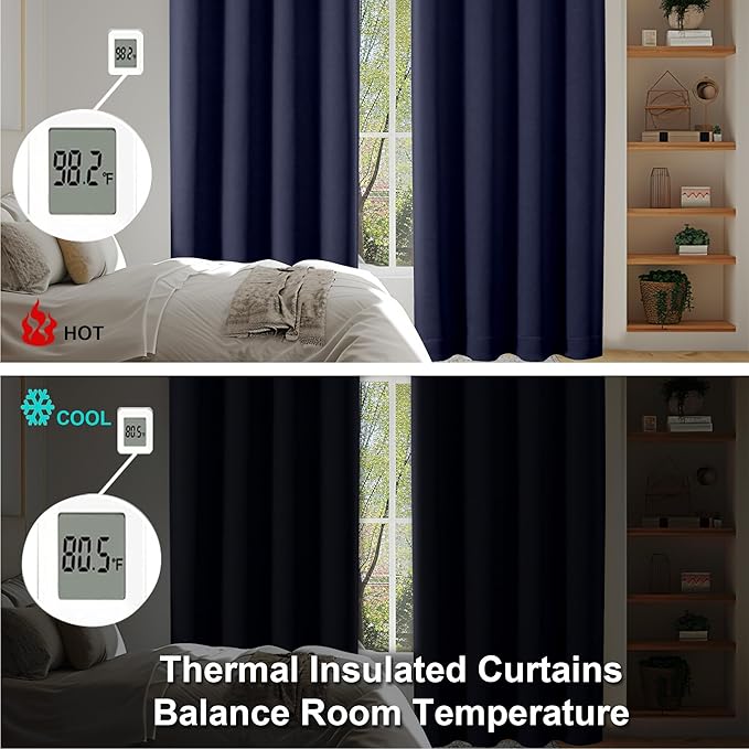 Simplebrand Ava Navy Blue Short Blackout Curtains for Bedroom 45 Inches Long 2 Panels Set, Solid Thermal Insulated, Energy Saving Window Treatment Curtains Blackout Drapes, W40 x L45 Inch, Navy Blue