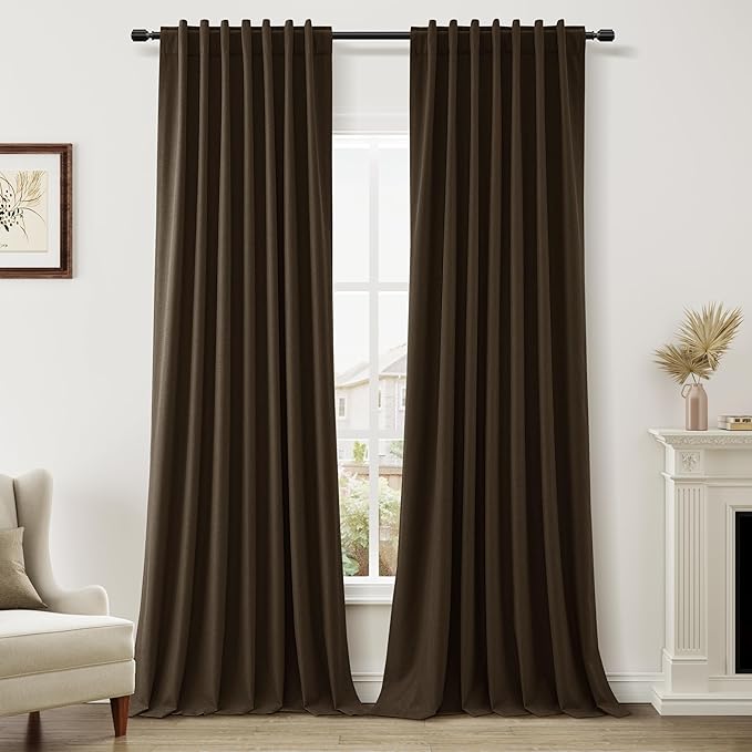Guken Chocolate 100% Blackout Linen Curtains 102 Inch Length 2 Panels Set for Living Room Bedroom Back Tab/Rod Pocket Thermal Insulated Farmhouse Black Out Drapes Room Darkening,52x102