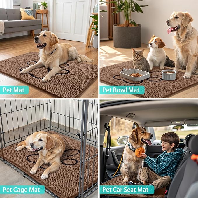 Smiry Dog Door Mat for Muddy Paws, Absorbent Dirt Trapper Non Slip Quick Dry Washable Chenille Mat for Mud Dogs, Entry Rug for Indoor and Outdoor (71x46 Inches, Camel and Black)