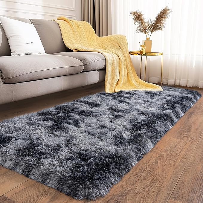 Ultra Soft Runner Rugs for Bedroom Hallways with Upgraded Non-Slip Rubber Backing & Thick Memory Sponge, 2x6 Feet Fluffy Shag Throw Area Rug for Bedside Dorm Tie-dye Dark Grey