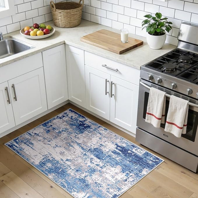 Washable Area Rugs 3x4 Non-Slip Modern Abstract Soft for Living Room Entryway Bedroom Nursery, Print Pattern, Blue Grey Navy Gray