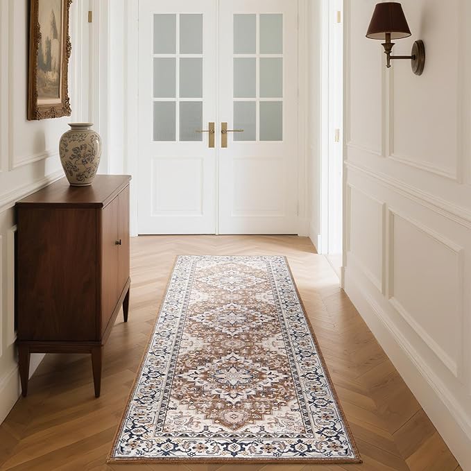 Lofus 2x6 Runner Rug for Hallways, Washable Kitchen Rugs, Non-Slip Rugs for Entryway and Bedroom, Vintage Boho Carpet, Soft Low Pile Long Runner Area Rug, Floral Brown