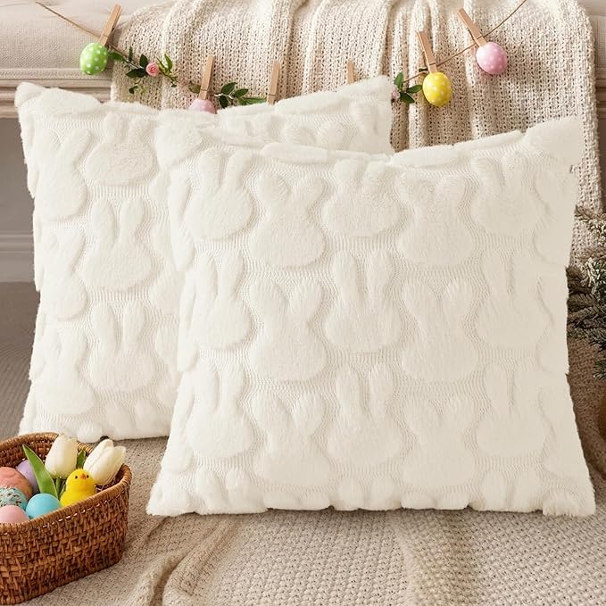 decorUhome Easter Bunny Pillow Covers 18x18 Inch Set of 2, Soft Plush Faux Wool Jacquard Cream White Rabbit Cushion Covers, Farmhouse Neutral Spring Easter Holiday Decor for Couch Sofa Bed