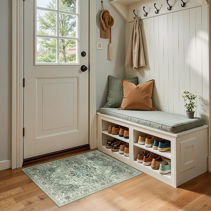 Area Rugs 2'x3' Kitchen Rugs Entry Rug Small Rugs for Entryway Kitchen Bathroom Door Mat Indoor Entrance,Washable Non Slip, Dark Green Gray