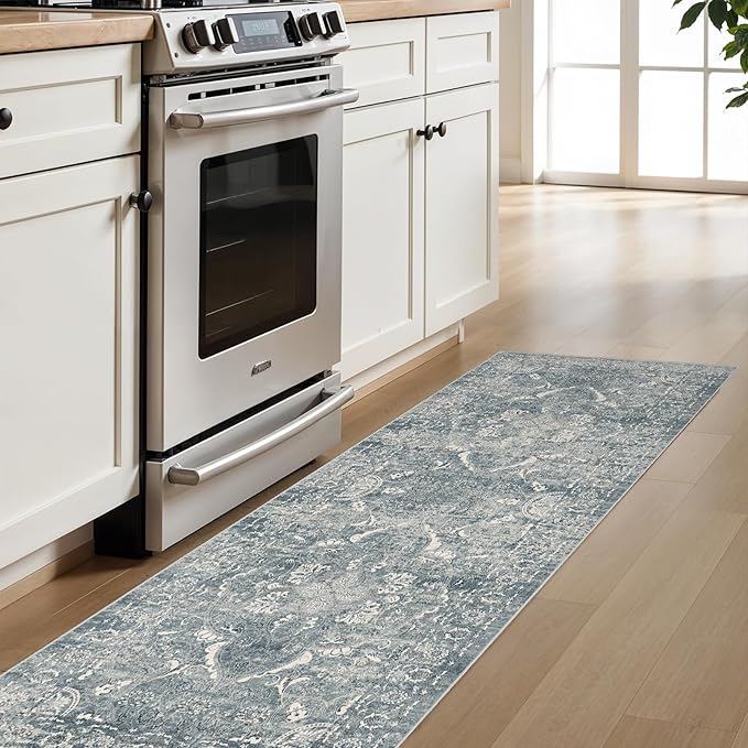 2'6"x8' Washable Hallway Runner Rug - Non Slip Kitchen Runner Rugs with Rubber Backing Vintage Low-Pile Carpet Runners for Entryway Dining Room Laundry Room Home Decor (Blue)