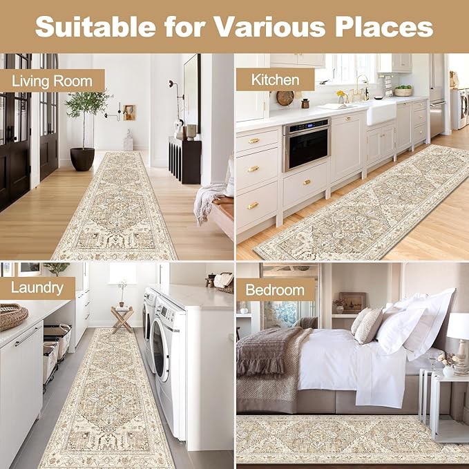 Yamaziot Washable Runner Rug, 3x10 Non-Slip Boho Vintage Hallway Rug with Rubber Backing, Low Pile Faux Wool Distressed Carpet Runner for Bedroom, Kitchen, Laundry, Entrance
