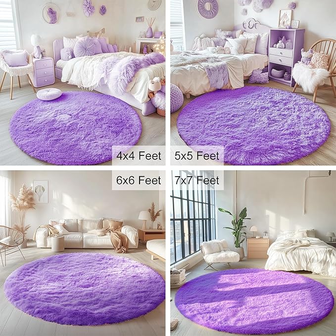 OLANLY Purple Round Rugs for Bedroom - Machine Washable, 4 ft Circle Area Rugs for Living Room, Soft and Fluffy Shaggy Carpet for Teen Girls and Boys, Nursery Rooms, Dorms, Home Decor Aesthetic