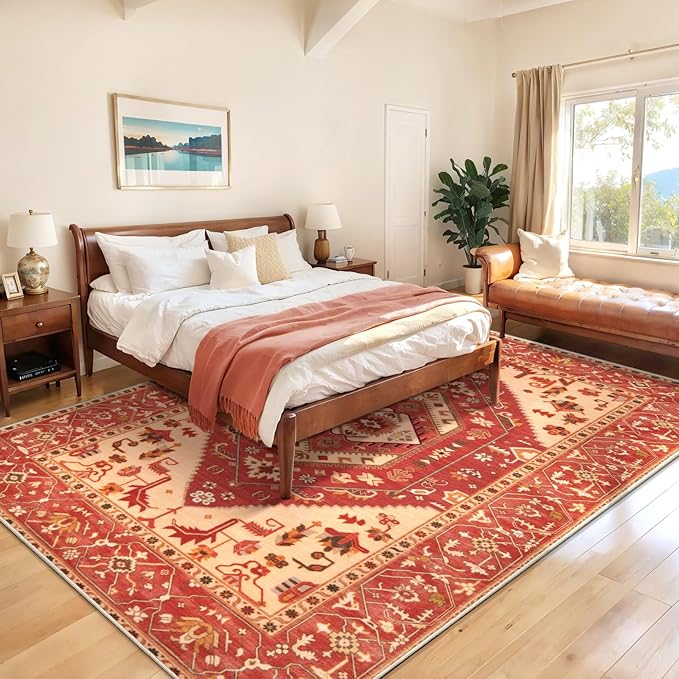 SERISSA 6x9 Area Rugs for Living Room, Large Washable Non-Slip Boho Rug, Ultra Soft Vintage Red Oriental Tribal Print Distressed Carpet for Dining Room Bedroom Dorm Office Home Decor