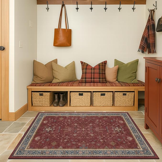 Washable 3x4 Rugs for Entryway - Burgundy Large Kitchen Rug, Non Slip Inside Door Mats for Home Entrance, Unique Bohemian Red Low Pile Thin Carpet for Bedroom Bedside, Foyer