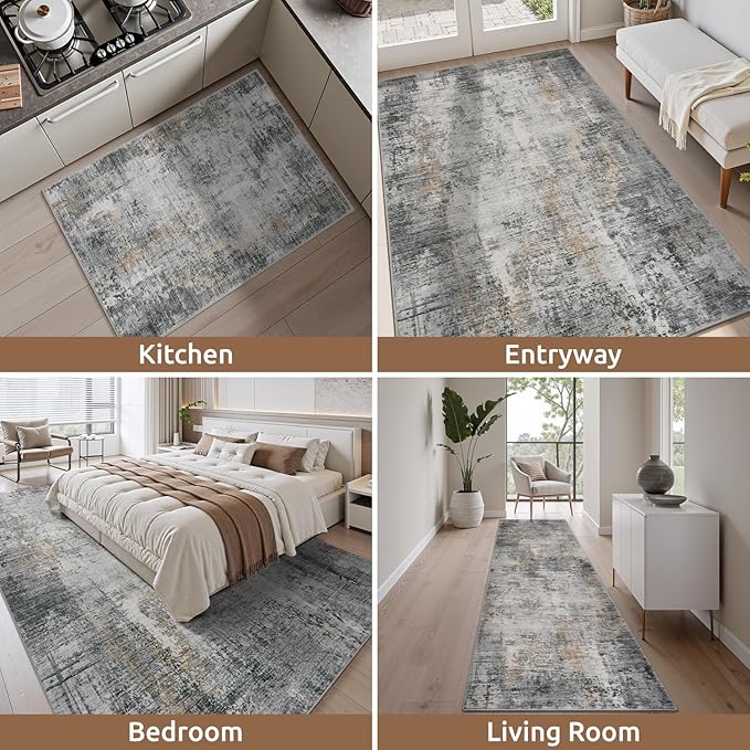 4 x 6 Area Rugs for Living Room, Machine Washable Non Slip Rug Ultra Soft Low Pile Indoor Carpet Modern Abstract Rugs for Bedroom Office Room Dining Room Beside, Grey