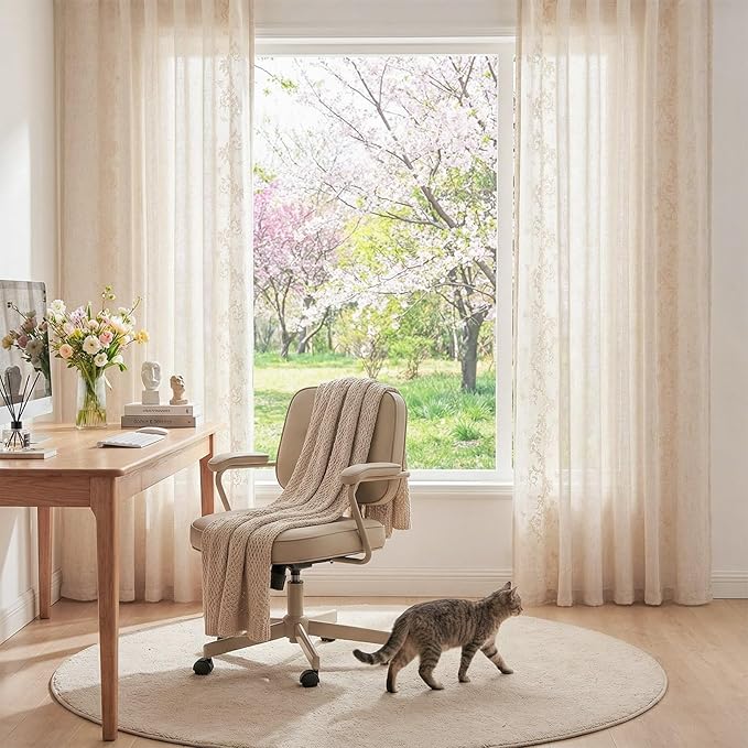 jinchan Evelyn Embroidered Linen Curtains Ivory Farmhouse Floral Window Drapes for Living Room Bedroom Cottagecore Semi Sheer Curtains 84 Inches Long Rod Pocket Back Tab 2 Panels