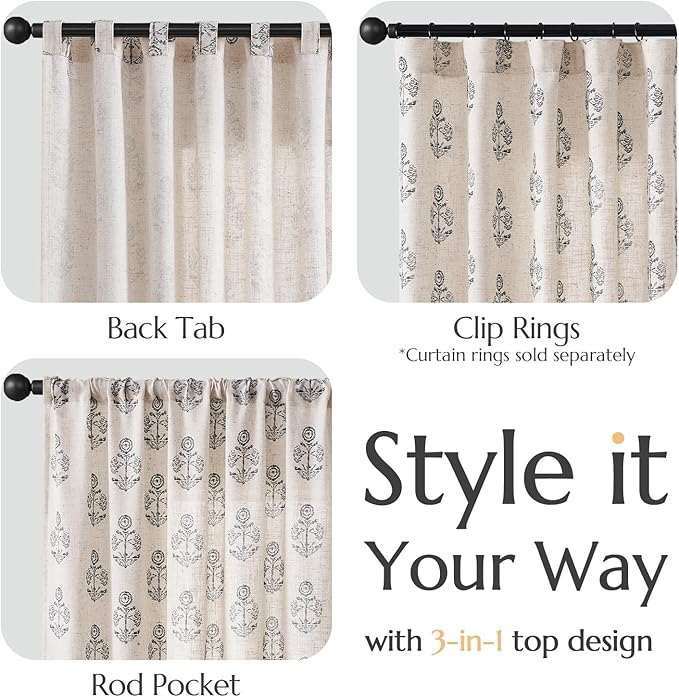 jinchan Linen Floral Curtains for Living Room 63 Inch Length Black Flower Cottage Core Farmhouse Curtains Rod Pocket Back Tab Boho Semi Sheer Window Drapes Bedroom Set 2 Panels Black on Beige
