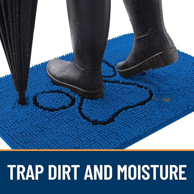 OLANLY Dog Door Mat for Muddy Paws 36x24, Paw Print Design, Absorbs Moisture and Dirt, Non-Slip Washable Doormat, Quick Dry Chenille Mud Mat for Dogs, Entry Indoor Entryway Carpet, Deep Navy Blue