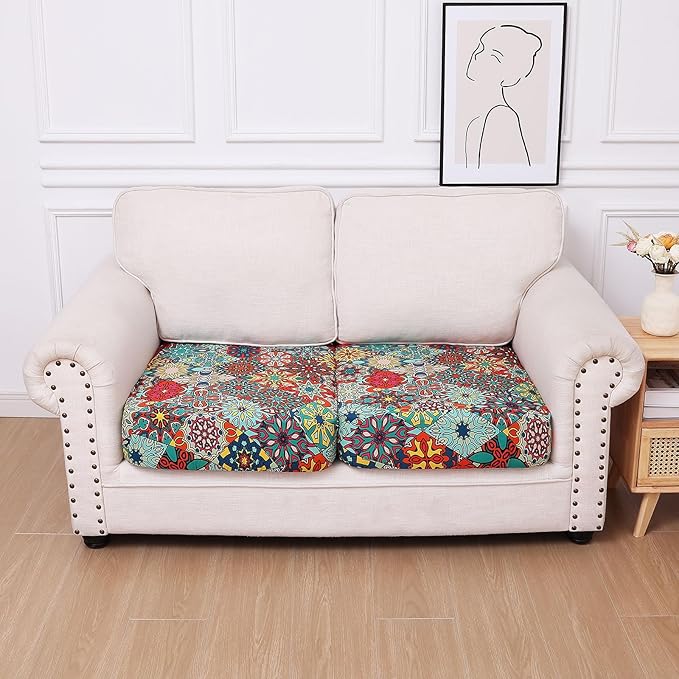 hyha Printed Couch Cushion Covers, Floral Sofa Covers Washable for 2 Cushion Couch, Stretch Pattern Outdoor Cushion Covers for Patio Furniture with Elastic Bottom(2 Packs, Diamond Mandala)