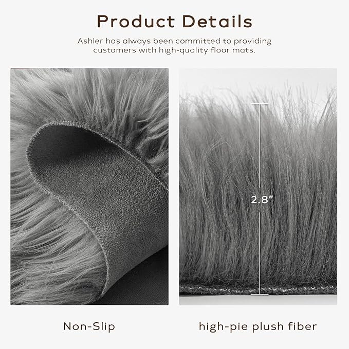 Ashler Faux Fur Rug, Fluffy Shaggy Area Rug Ultra Soft 2.3 x 3.3 Feet Sheepskin Fur Rug, Dark Grey Fuzzy Rug Machine Washable Shag Rug, Nursery Decor Throw Rugs for Bedroom, Kids Room, Living Room