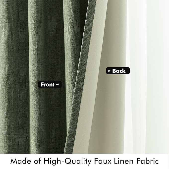 MIULEE 100% Blackout Linen Curtains for Bedroom, Olive Green Solid Luxury Decor Thermal Insulation Room Darkening Drapes for Living Room Nursery Back Tab Rod Pocket 42 x 72 Inches, 2 Panels