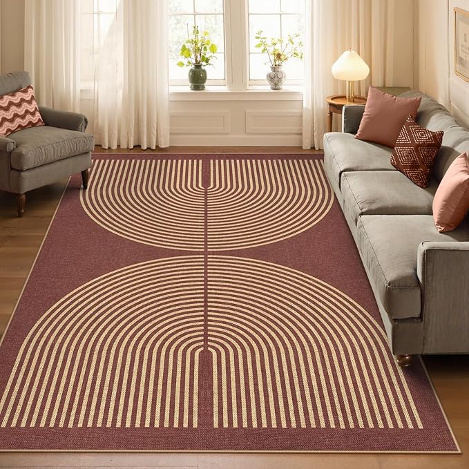 Lahome Enfys Modern Rainbow Easy Jute Outdoor Rug 5x7, Stain Resistant Red Dining Room Patio Rug, Farmhouse Non Slip Non Shedding Indoor Outdoor Carpet for Living Room Office Bedroom Deck Backyard