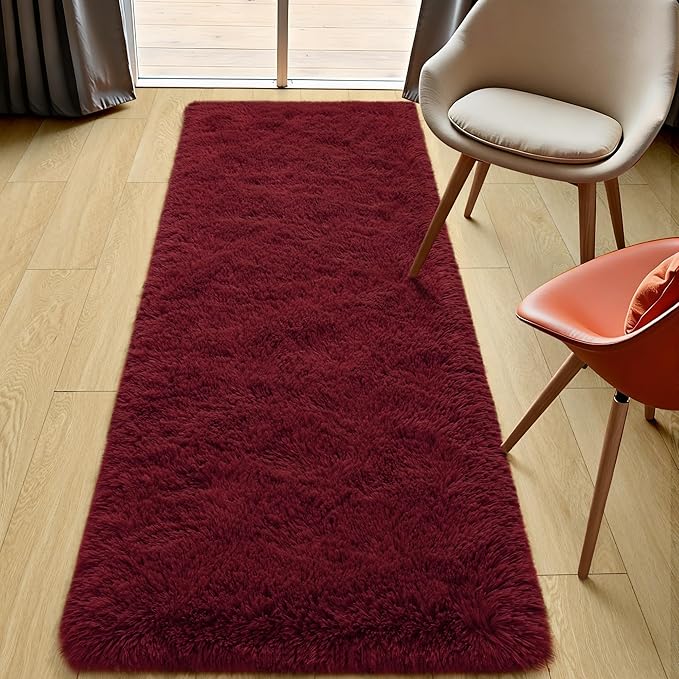 Tepook Soft Runner Rugs for Bedroom 2x6 with Rubber Backing, Burgundy Red Fluffy Rugs for Hallway, Shag Bedside Rug Fuzzy Plush Carpet for Living Room Dorm Nursery Indoor Home Decor