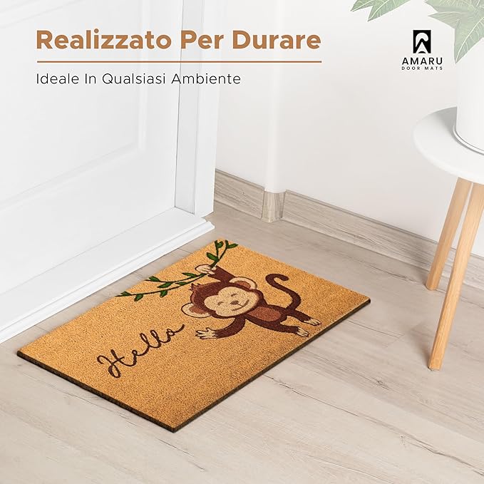 Monkey - 17"x29" - Coir Door Mat with Heavy Duty Backing - Welcome Mats for Entryway, Porch - Anti-Slip PVC & Coconut Fiber Surface - Natural Home Accessories, Minimalist Original Design