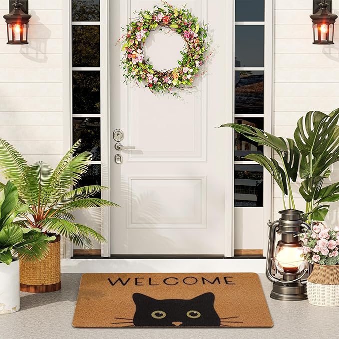UINI Door Mat Cat Welcome Mat, Black Cat with Green Eyes Doormat, Non-Slip Cat Welcome Mats for Front Door, Outside Entrance, Resist Dirt, 17" x 30"