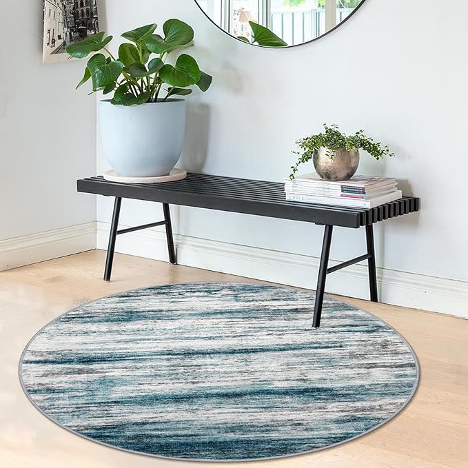 KOZYFLY Abstract Round Washable Rug 3Ft, Modern Kitchen Non-Slip Soft Small Bathroom Circle Rug, Blue Striped Entryway Rugs Print Faux Wool Doormat for Bedside Entrance Bedroom Sink