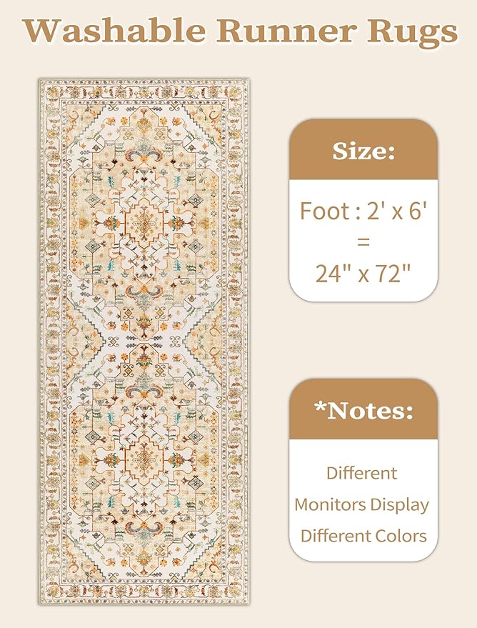 SERISSA Boho Washable Runner Rug, 2x6 Rug Runner Non-Slip Vintage Light Yellow Hallway Kitchen Runner Rug Ultra Soft Print Distressed Floor Carpet Runner for Bedroom Bathroom Laundry Living Room