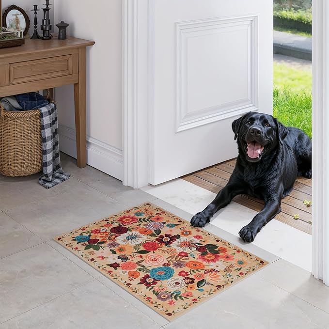 Area rugs 24x17 Inch Home Decor Entry Rug, Small Door Mat Bath Mats for Bathroom, Ultra-Thin Non Slip Floral Low Pile Tub Mat for Sink Shower Doorway Tub Kitchen Sink(2 x 1.4 ft, Yellow Garden)