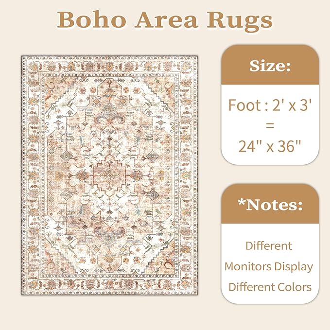 SERISSA Boho Rugs for Entryway, 2x3 Peach Cream Entryway Rug Non-Slip Washable Small Area Rug, Ultra Soft Vintage Low-Pile Indoor Door Mat Floor Carpet for Entrance Bedroom Kitchen Bathroom