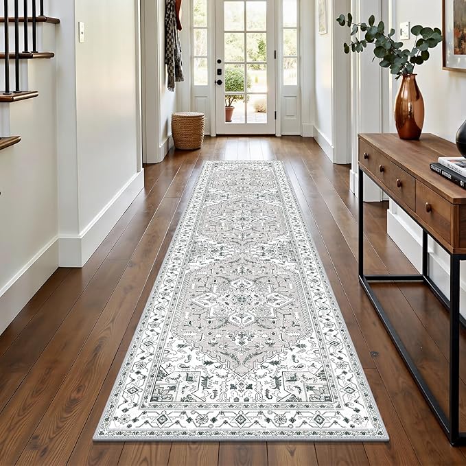 Yamaziot Washable Runner Rug, 2x8 Non-Slip Boho Vintage Hallway Rug with Rubber Backing, Low Pile Faux Wool Distressed Carpet Runner for Bedroom, Kitchen, Laundry, Entrance