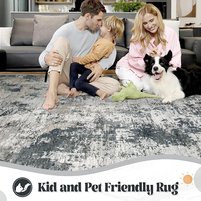 XLUEZ 5x7 Area Rugs for Living Room, Washable Modern Abstract Large Area Rug Neutral Soft Non Slip Kids Rug Stain Resistant Indoor Carpet for Bedroom Nursery Dining Room Playroom(GreyWhite, 5'x7')