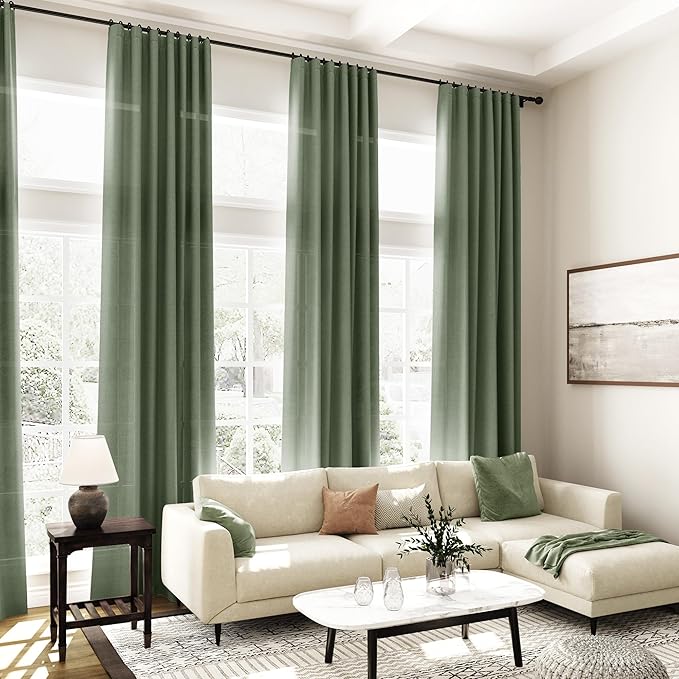 Olive Green Linen Curtains 120 Inch Extra Long for Living Room Back Tab Light Filtering Semi Sheer Drapes Modern Farmhouse Boho Decor Cotton Textured Curtain for Floor to Ceiling High Window 52x120