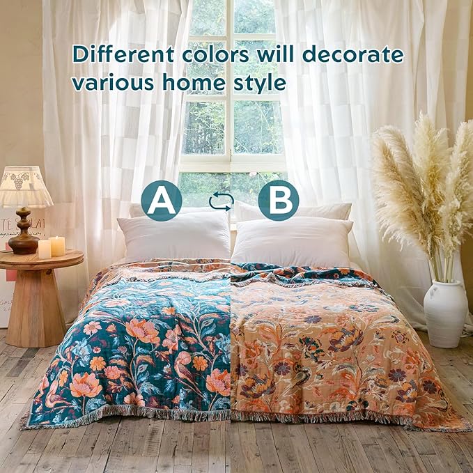 MSGKV Boho Throw Blanket for Couch 50"x60" Cotton Birds Floral Blanket Sofa Chair Blankets Muslin Spring Breathable All Seasons Lightweight Farmhouse Blankets Home Decor