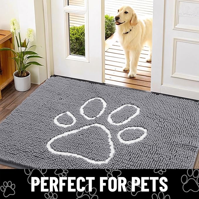 Smiry Dog Door Mat for Muddy Paws, Absorbent Dirt Trapper Non Slip Quick Dry Washable Chenille Mat for Mud Dogs, Entry Rug for Indoor and Outdoor (36x24 Inches, Grey and White)