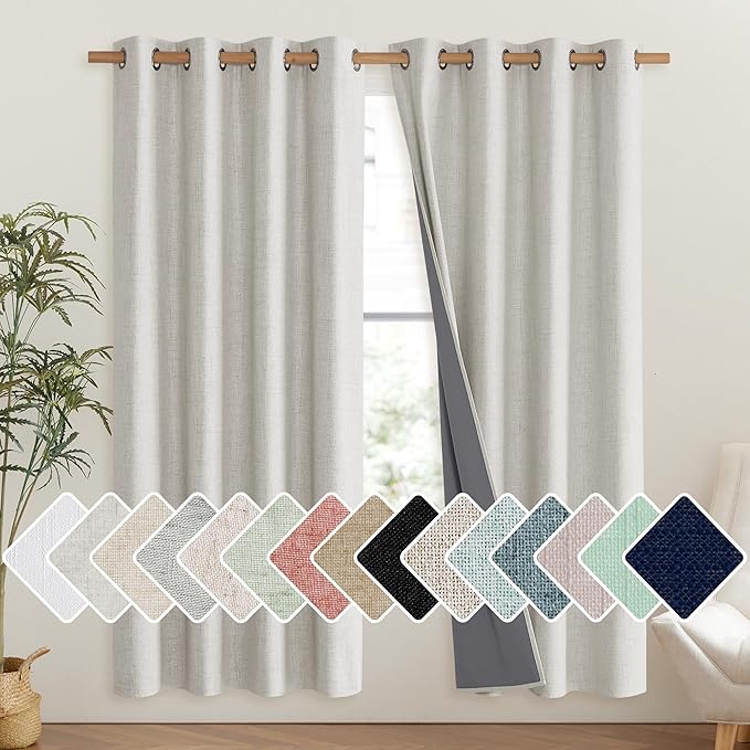 NICETOWN Snowbound Vintage Linen 100% Blackout Curtains for Living Room, Thermal Insulated Curtains 72" Long, Noise Reducing Window Treatment Drapes for Hall Room, 52" Wide Per Panel, Set of 2