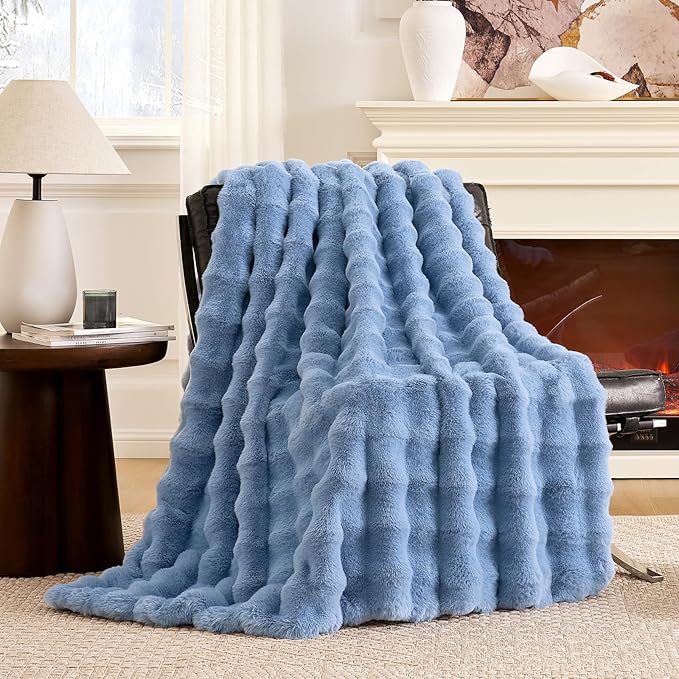 Cozy Bliss Faux Fur Bubble Throw for Couch, Fuzzy Soft Plush Thick Blanket for Sofa Bedroom Living Room, 60x80 Inches Misty Blue