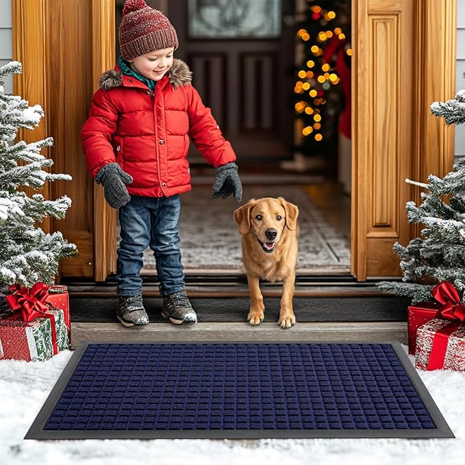 Smiry Front Door Mat Outside Entrance, Heavy Duty Natural Rubber Doormat, Non Slip, Trap Dirt and Moisture, Easy Clean, Low Profile Welcome Floor Mats for Indoor Outdoor Entry, 35x23 Inch, Navy Blue