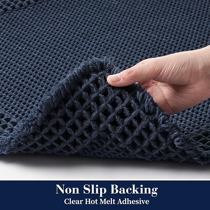 RESARE Waffle Bathroom Runner Rugs, Super Absorbent Bath Mat Non Slip Washable Quick Dry, Upgraded Ultra Soft Boho Bath Rugs with Tassels for Hallway Bedroom Laundry Room, 20"x32" Navy