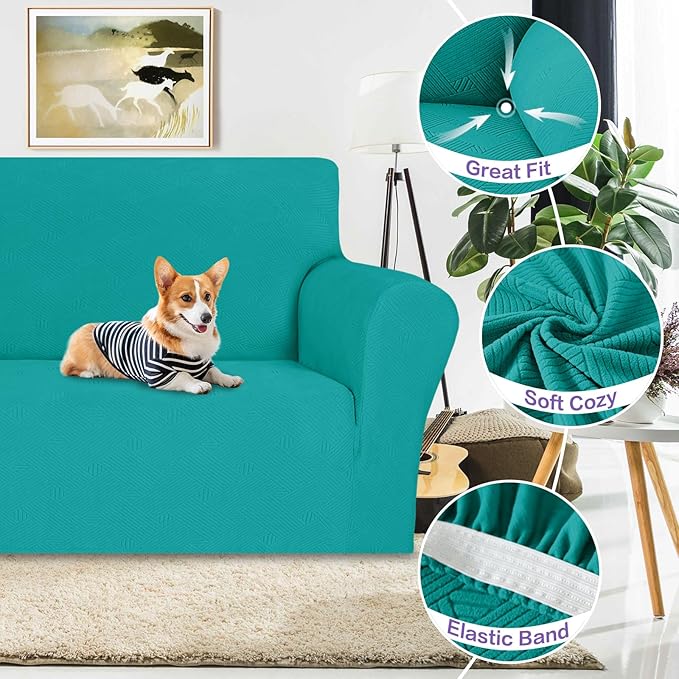 ZNSAYOTX Super Stretch Loveseat Covers (57"-70"), New Striped Love Seat Slipcover, Dogs Pet Friendly Anti-Slip Couch Protector Spandex Durable 2 Seater Fabric Sofa Cover (Peacock Teal, Loveseat)