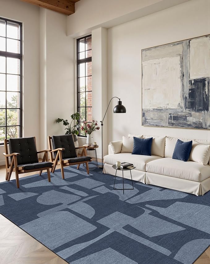 Latte&Fog 6x9 Area Rugs for Living Room Bedroom, Modern Abstract Washable Rug, Boho Non Slip Low Pile Carpet for Indoor Dining Room, Dorm, Classroom, College Dorm, Farmhouse and Kids Room - Navy Blue