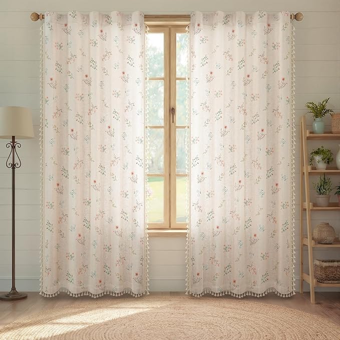 Boho Floral Spring Light Filtering Curtains 90 Inch Length 2 Panels Set, Farmhouse Semi Sheer Bedroom Living Room Vintage