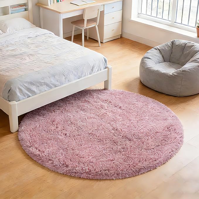 yulidayang Fluffy Round Area Rugs for Bedroom,Blush 5'X5'Shag Circle Area Rugs for Living Room,Non Slip Fuzzy Plush Rug for Kids Room Boys Girls Room and Dorm