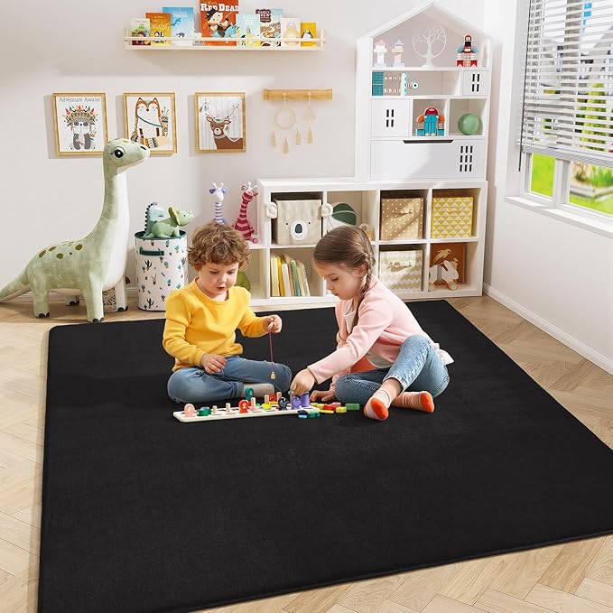 Amearea 6x6 Square Area Rugs for Bedroom Living Room, Modern Black Thickened Memory Foam Rug, Fluffy Indoor Washable Rugs Non Slip Minimalist Carpet for Kids Boys Girls Dorm Nursery Room Decor