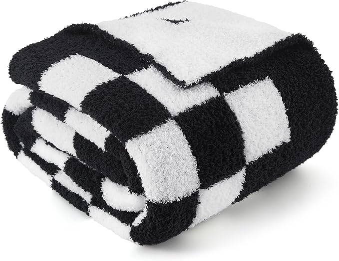 Bedsure GentleSoft Cozy Soft Throw Blanket, Black Checkered Fluffy Blankets, Lightweight Warm Knit All Season Throw Blankets for Couch Bed Sofa, Travel, Birthday Gifts for Women, Men, 50x60 Inches