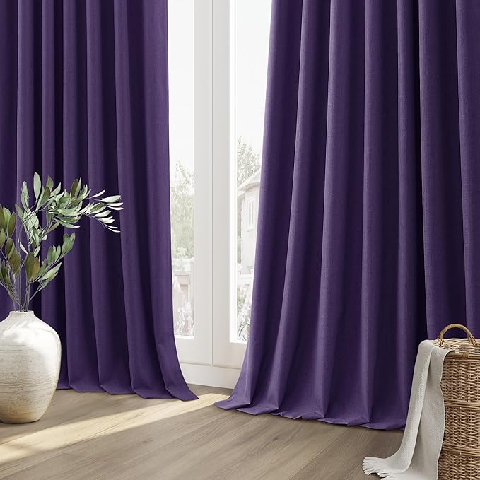 Guken 100% Blackout Curtains 90 Inch Length 2 Panels Set for Living Room Bedroom Back Tab Thermal Insulated Black Out Linen Drapes Room Darkening New Purple,52x90