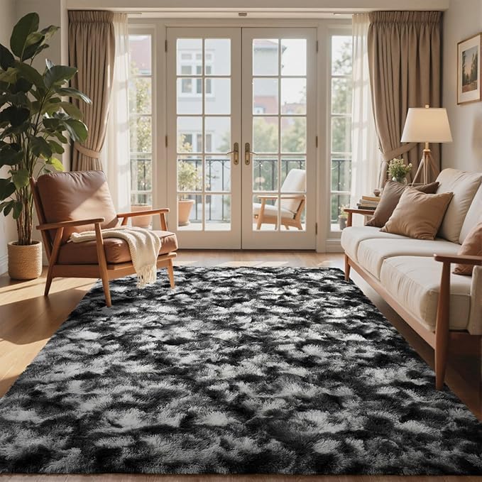 4x6 Ft Shag Area Rug for Bedroom Living Room, Tie-Dyed Ultra Soft Fluffy Furry Rugs for Indoor Floor, Aesthetic Carpet for Kids Home Decor (Black Grey)