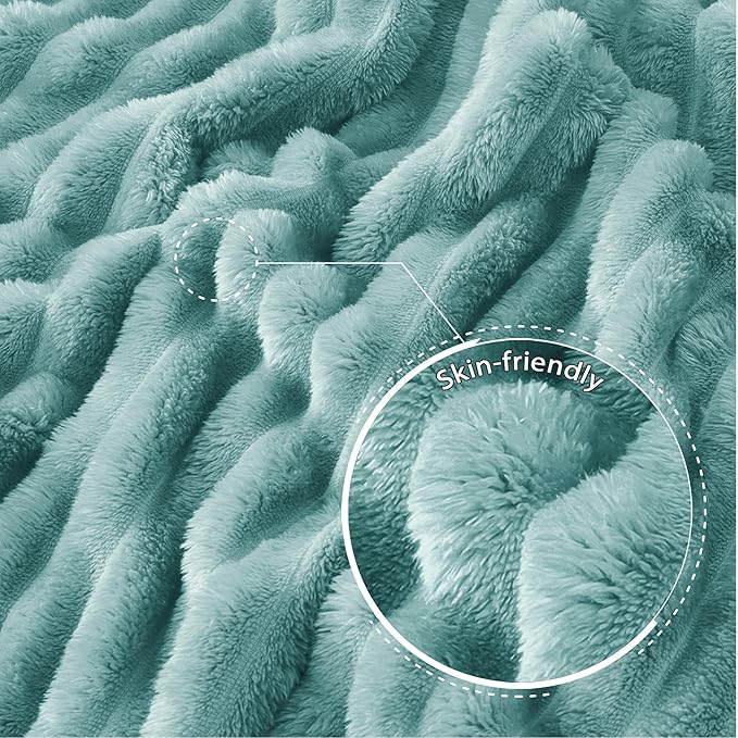 Exclusivo Mezcla Twin Size Flannel Fleece Blanket, Super Soft Striped Jacquard Bed Blanket, Lightweight Fuzzy Cozy for All Seasons, 60x80 Inches, Celadon