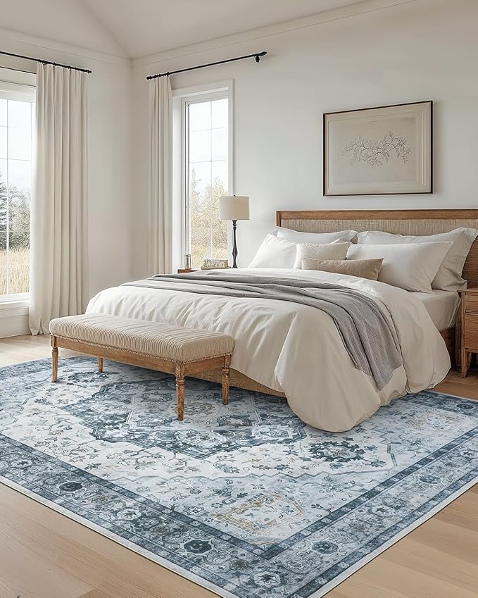 AMADA HOMEFURNISHING 9x12 Area Rug, Washable Low-Profile Large Area Rug with Non-Slip Backing & Durable Edge Binding, Vintage Large Rugs for Living Room, Bedroom