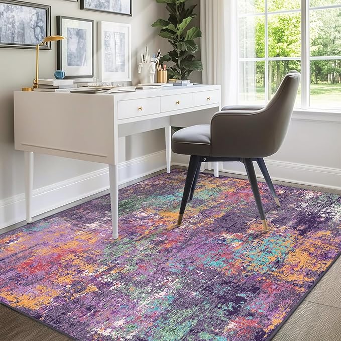 Washable Area Rugs 9'x12' Non-Slip Modern Abstract Soft for Living Room Entryway Bedroom Nursery, Print Pattern, Purple Orange Blue Green Rust Red Colorful
