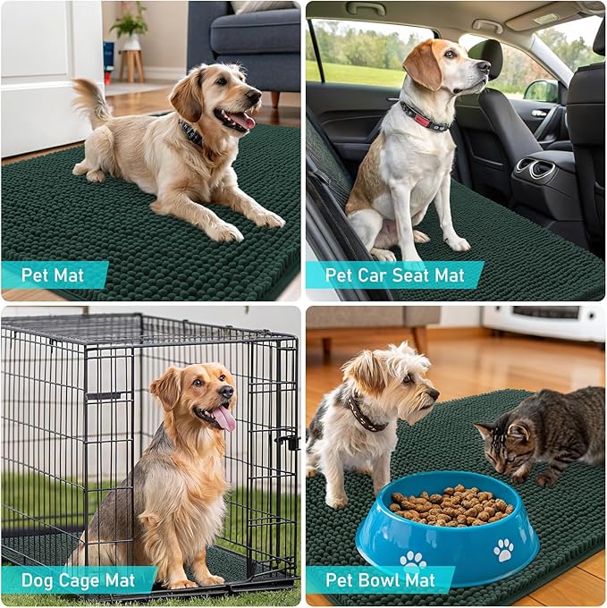 OLANLY Dog Door Mat for Muddy Paws 54x32, Absorbs Moisture and Dirt, Absorbent Non-Slip Washable Doormat, Quick Dry Chenille Mud Mat, Entry Indoor Entryway Carpet for Inside Floor, Blackish Green