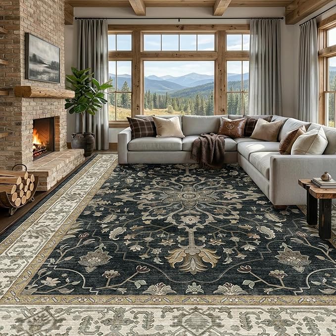 Area Rugs 9'x12' Washable Non-Slip, Floral Vintage Distress Print Pattern Medallion Carpet for Living Room Bedroom Dining Room, Vintage Black Brown Neutral